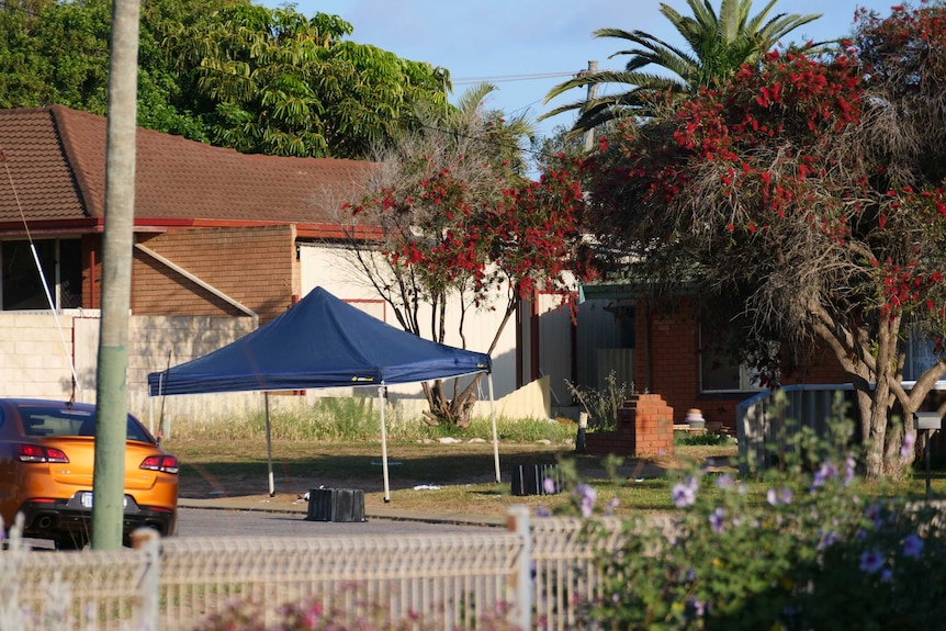 A wide shot showing a house in Geraldton with a pop-up canopy on the front edge and an orange car to the left of the picture.