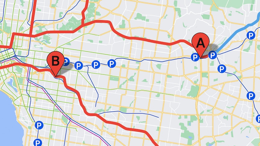 An illustration shows a map with parking icons and congested roads.