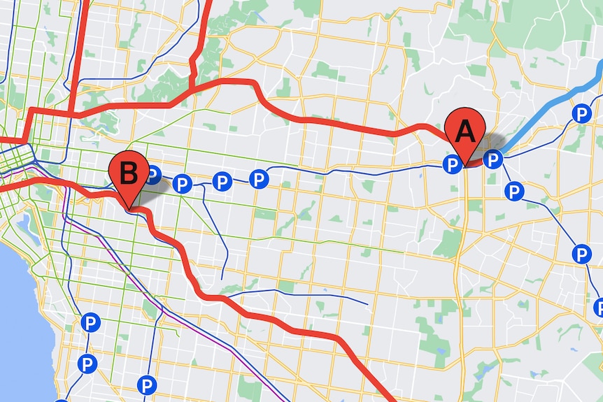 An illustration shows a map with parking icons and congested roads.