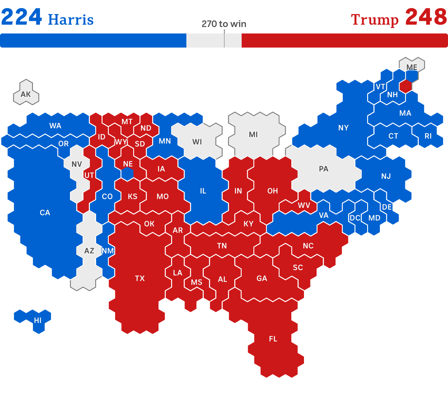 A map of the United States shows many states coloured red, and fewer in blue, with several in grey.