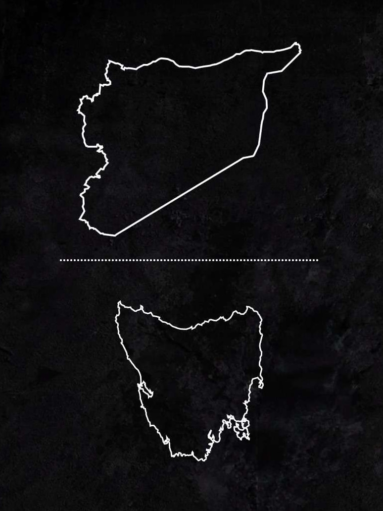 You view a black image with a white outline of the borders of Syria, with a map of Tasmania below it.