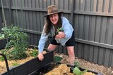 Canberra gardener Connor Lynch holds a seedling above a raised garden bed, he loves growing his own food.