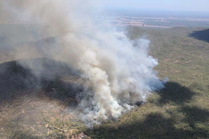 An aerial photo of a bushfire spreading through dense forest in Mount Maria in December.