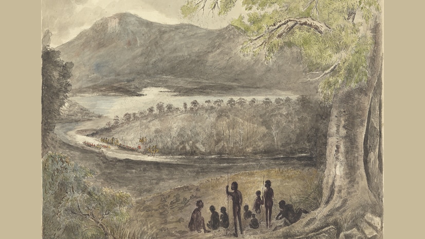 Painting of Aboriginals standing beside water at Risdon Cove