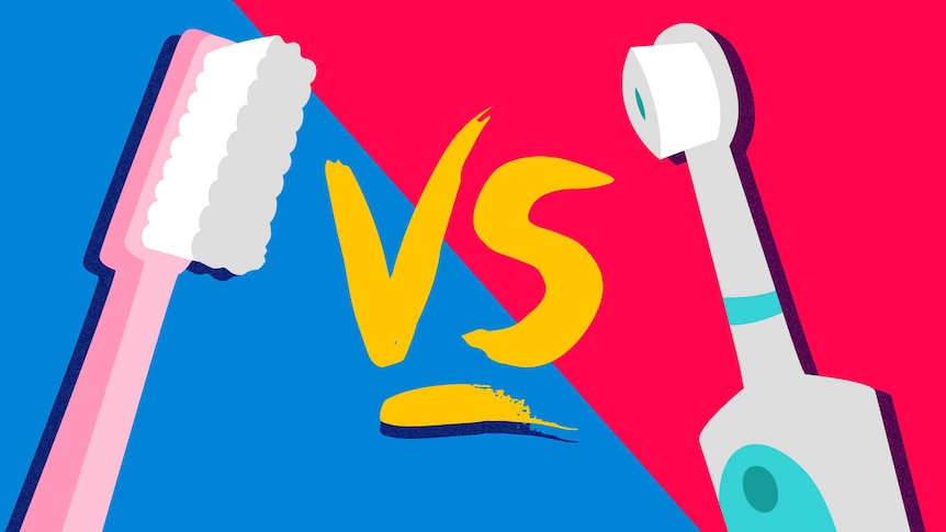 Illustration of a manual toothbrush vs. an electronic toothbrush to depict the differences between the two.