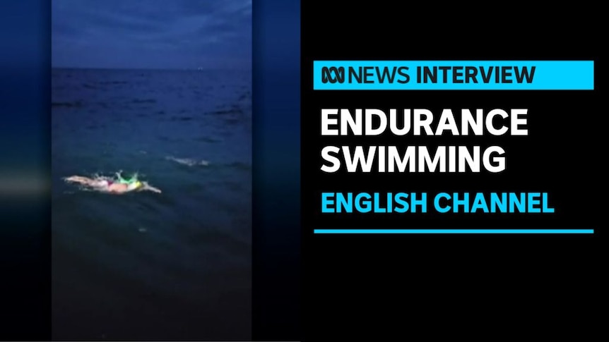 Endurance Swimming, English Channel: Screengrab of mobile vision showing a woman swimming through ocean water.