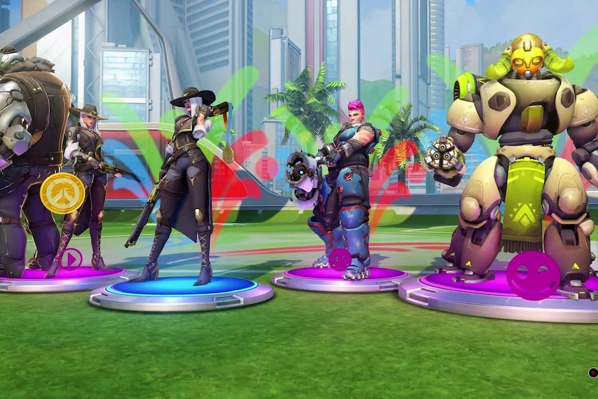 Three purple rarity skins for characters in Overwatch.