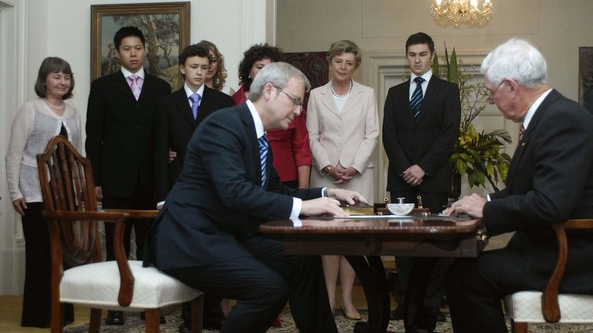 It's official: Prime Minister Kevin Rudd is sworn in by Governor General Michael Jeffery this morning