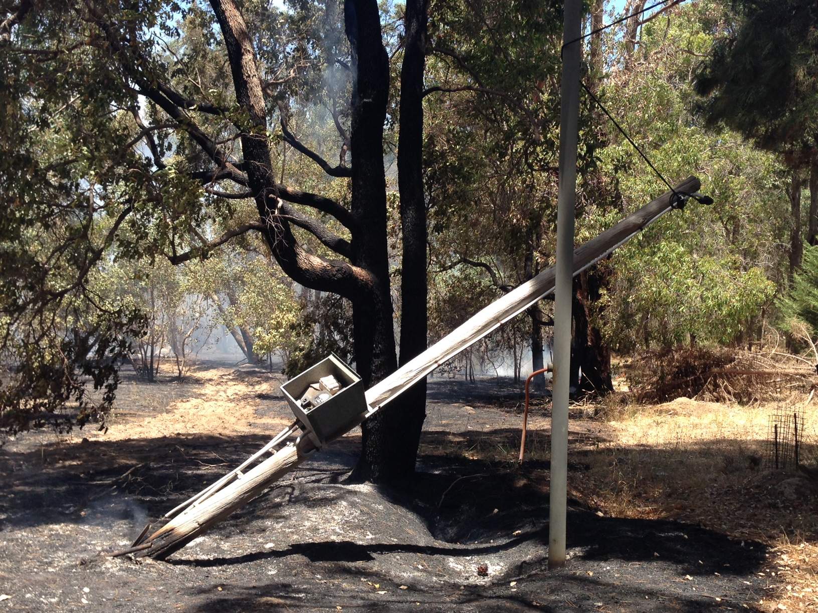 Poste caído que provocó incendio en colinas