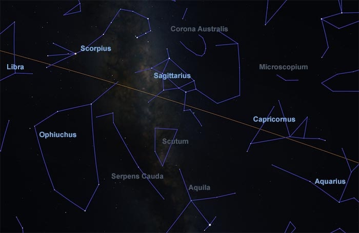 Map of zodiac constellations in late July around 9.30PM AEST