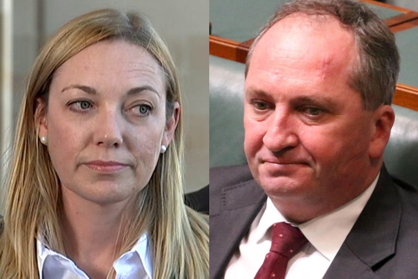 A composite image of headshots of Mia Davies and Barnaby Joyce