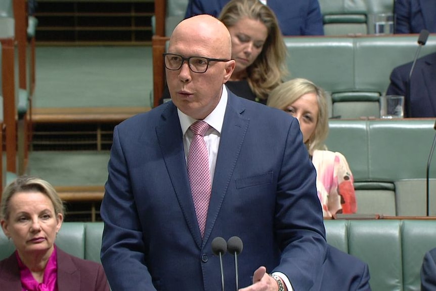 A bald, bespectacled man in a suit – Opposition Leader Peter Dutton – speaks in parliament.