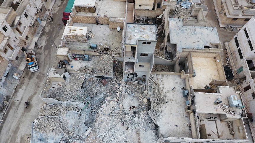 An aerial image of a devastated area of Aleppo in Syria.