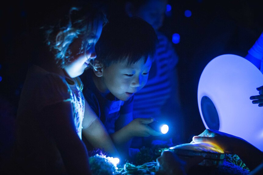 Two fascinated children peer at something interesting, holding a blue torch.