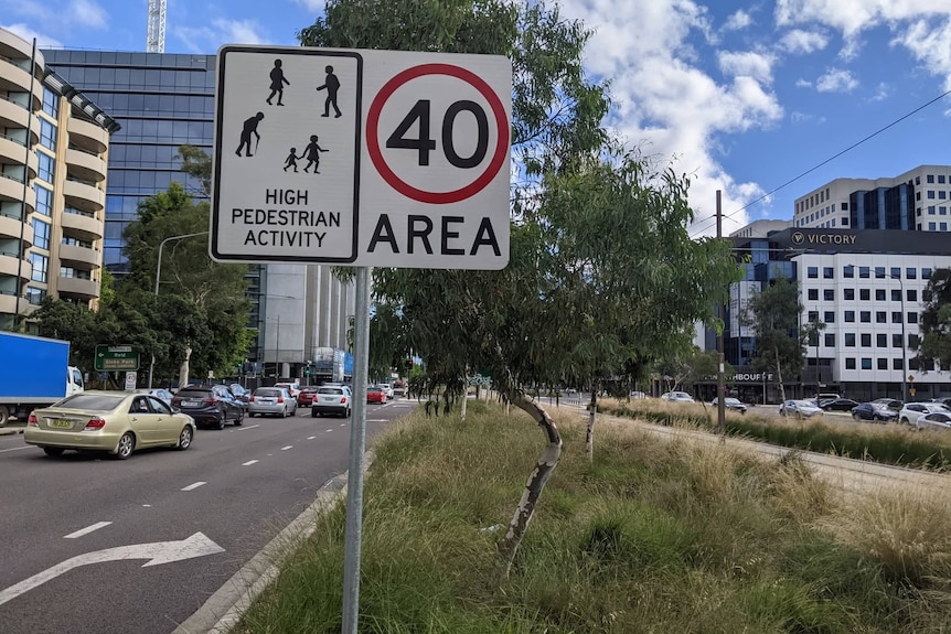 The 40 sign is in a median strip near the light rail network and large city buildings.