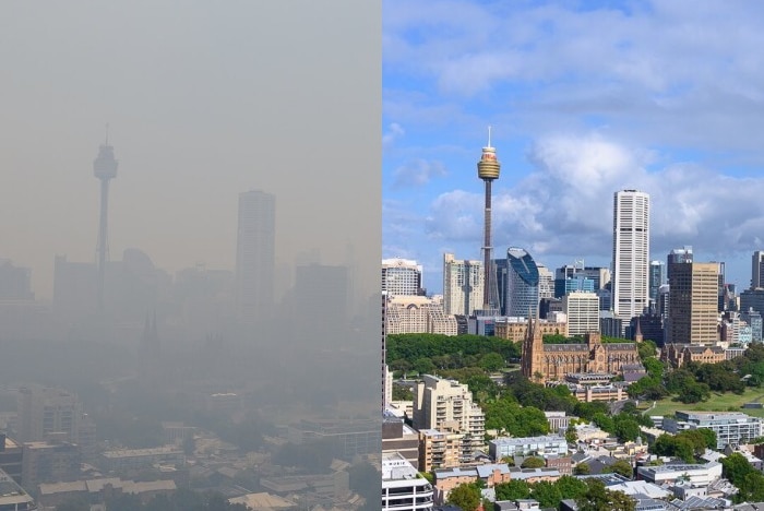 A comparison photo of Sydney city covered in smoke on the left and a clear blue sky day on the right.