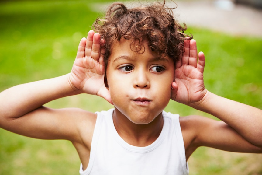 A young boy places his hands to his ears to listen more attentively. 
