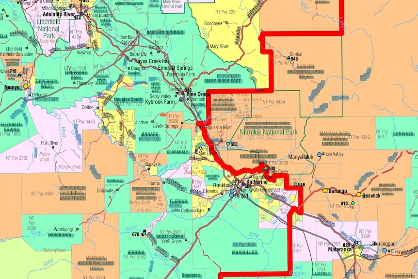 Part of a map showing a portion of the designated biosecurity areas in the Northern Territory.