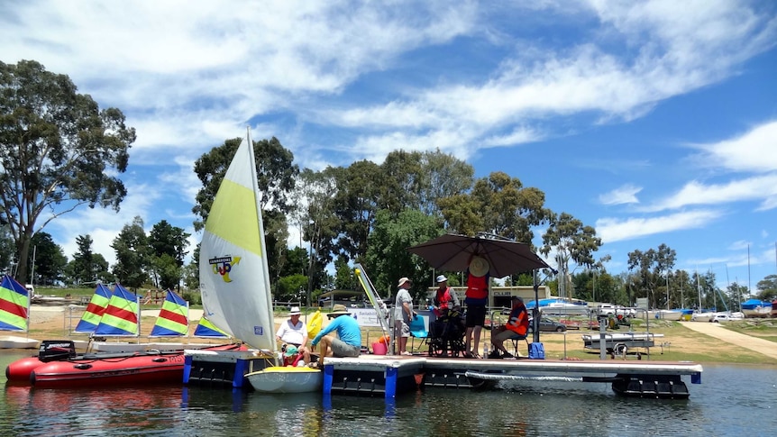 Boats lined up at the new pontoon at Lake Hume, built for people with disabilities