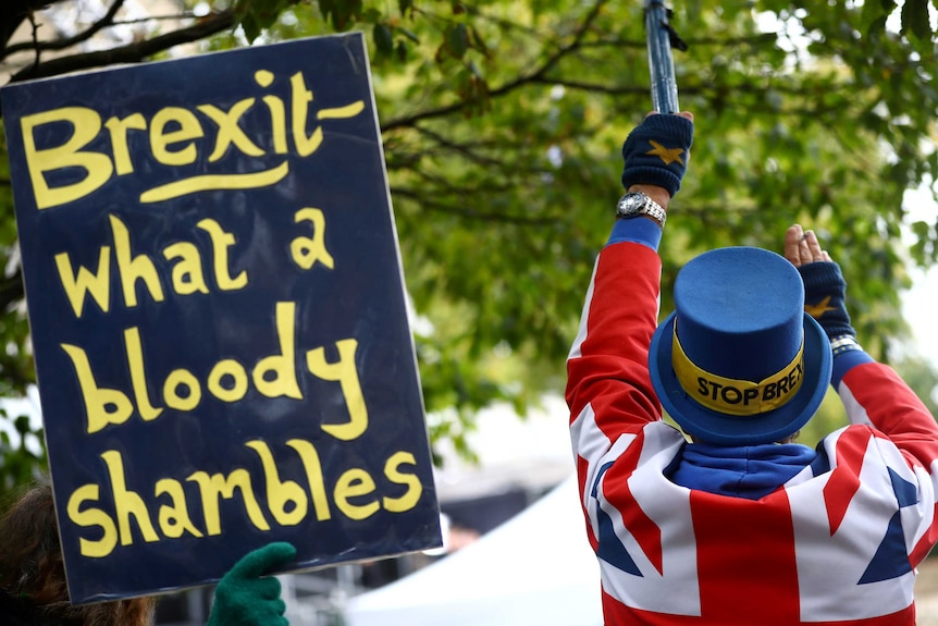 A man in a Union Jack jacket next to a sign reading "Brexit - what a bloody shambles"