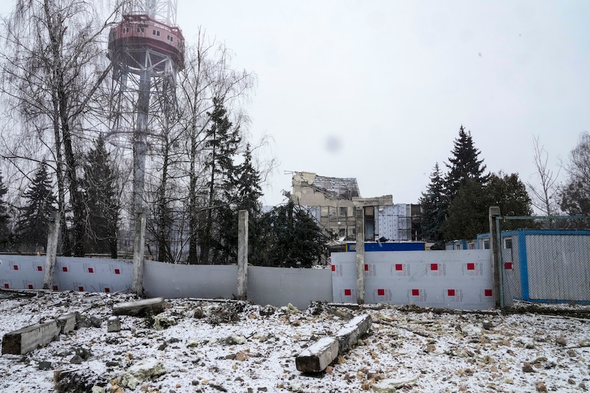 A view of the TV tower and surrounding area, after bombing in Kyiv.