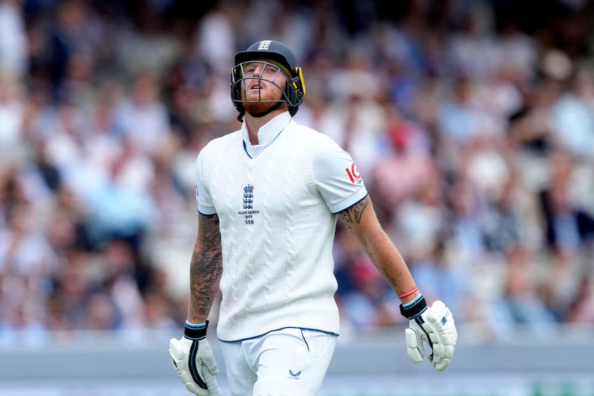 England batter Ben Stokes looks miserable as he walks off the field during a Lord's Ashes Test.