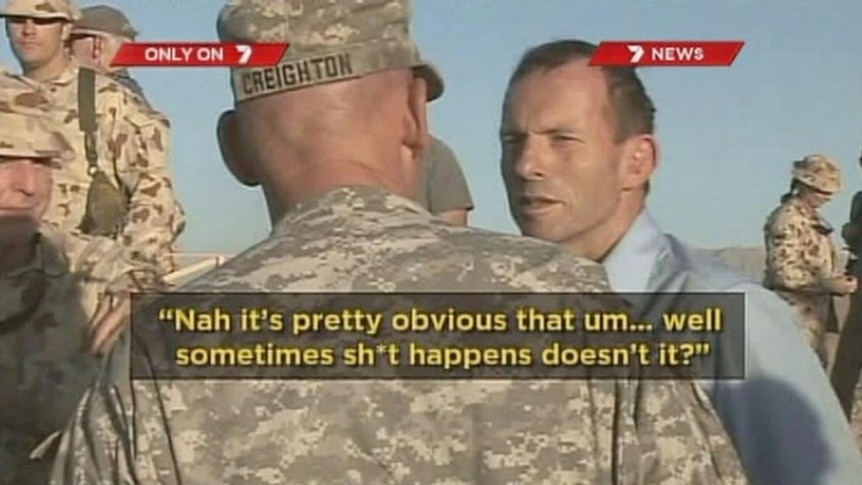 TV still of Tony Abbott in Afghanistan saying 'sometimes shit happens' while discussing Australian soldier's death (7 News)