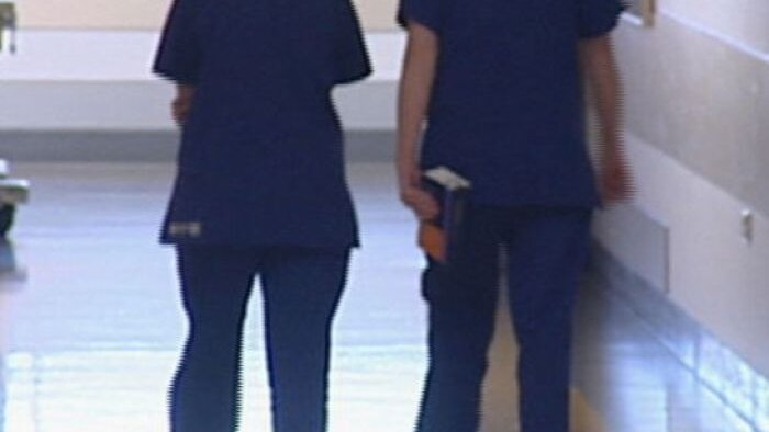 Two nurses stand in a hospital corridor.