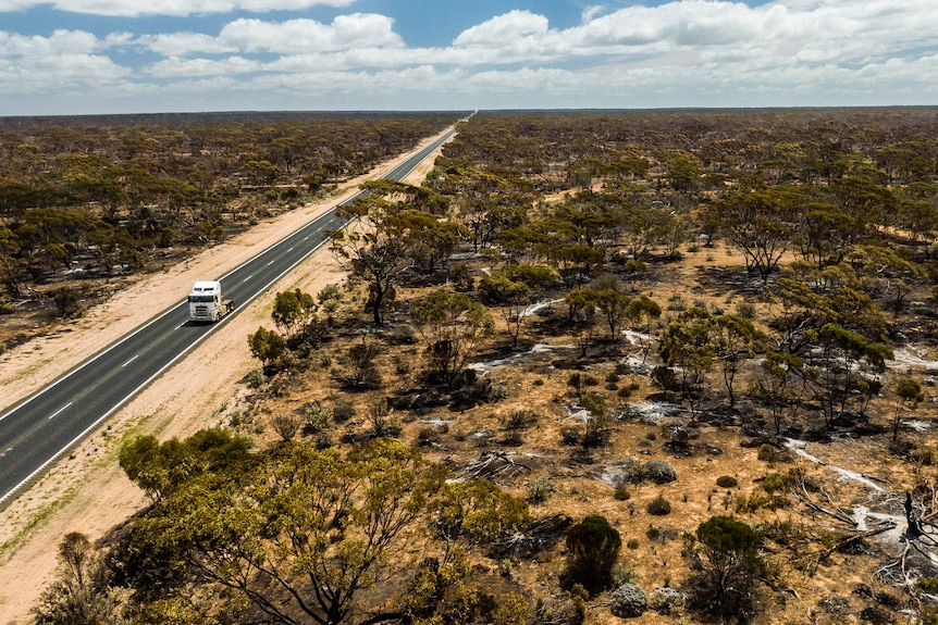 A drone shot of a truck with no trailers travelling the highway