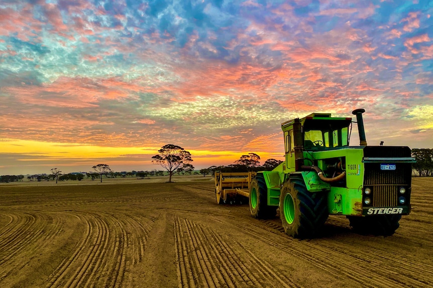 A green tractor on a seeded paddock with a sunset behind it 