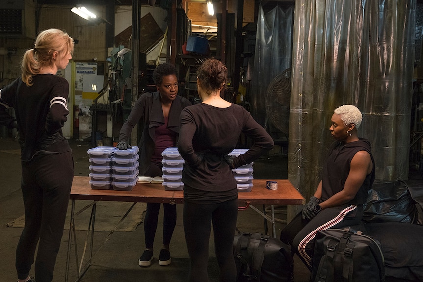 Colour still of Elizabeth Debicki, Viola Davis, Michelle Rodriguez and Cynthia Erivo in 2018 film Widows.