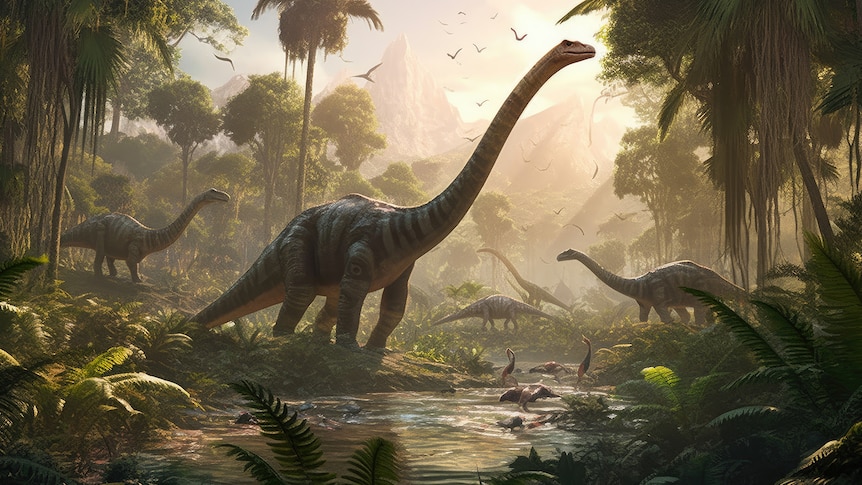 An illustration of various dinosaurs in a lush forest clearing near a river and mountains in the background.