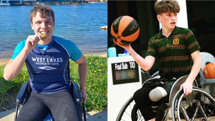 A composite photo featuring a boy in a wheelchair biting a medal, another boy in a wheelchair playing basketball