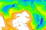 A map of Australia with colours showing heavy rainfall predicted along the east and north coast.