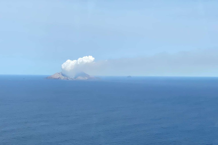 From afar, you view the Whakaari-White Island volcano on the horizon far out at sea with a plume of white gas directly above it.