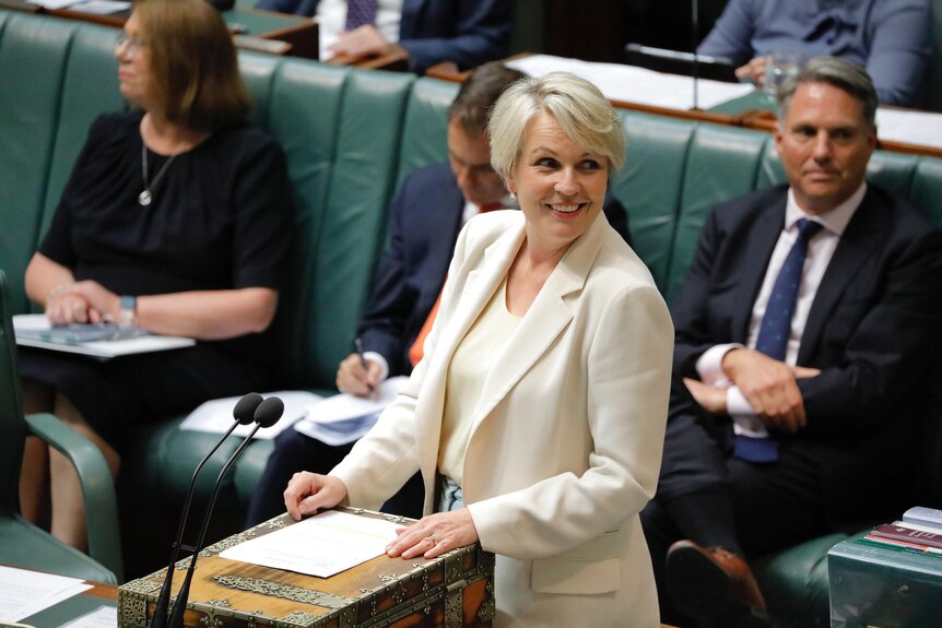 a woman in a white suit in the House of Reps smiling