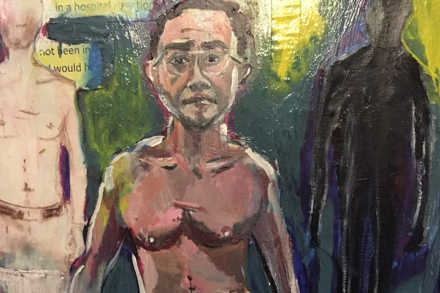 Portrait of Dr Michael Wong topless. He's revealing scars on his chest. It's an oil painting.