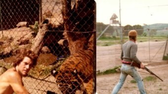 Two images, of Ron Prendergast next a tiger in its cage, then inside the cage approaching the tiger with a gun.