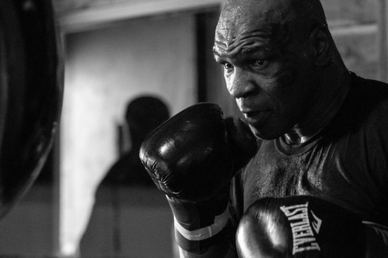 Mike Tyson stands with both arms up in a boxing stance, wearing black boxing gloves and a t-shirt