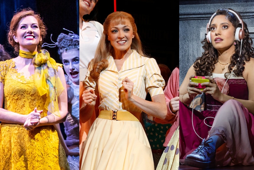 A composite of three images showing three women performing on stage. All are looking off-screen and smiling