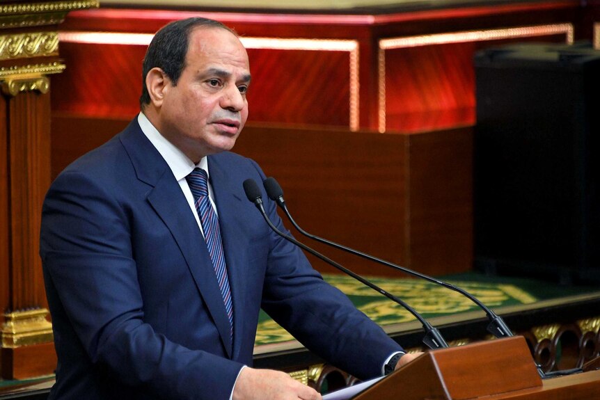 Abdel Fattah al-Sisi is seen speaking a podium.