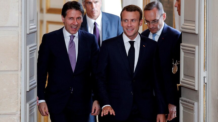 Italian Prime Minister Giuseppe Conte (left) and French President Emmanuel Macron (right) at Elysee Palace in 2018.