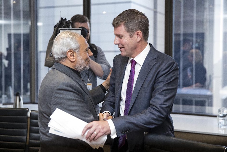 NSW Premier Mike Baird is greeted by Grand Mufti Dr Ibrabim Abu Mohammed at a meeting to discuss countering violent extremism.