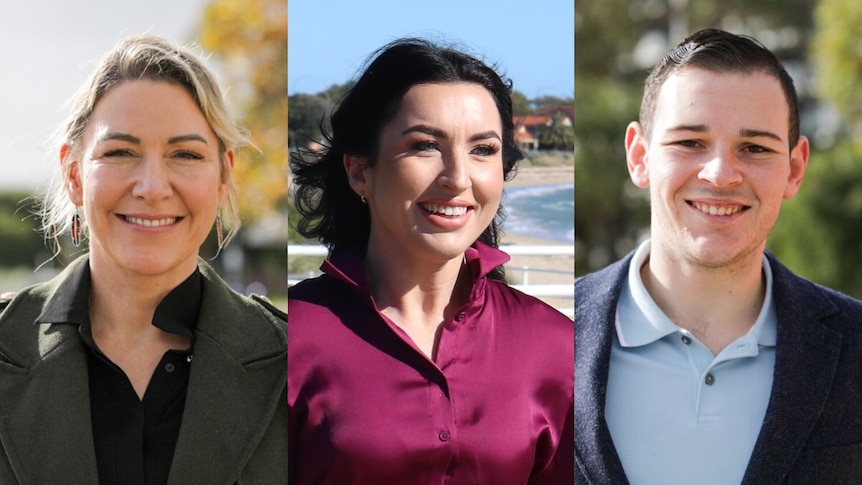 A composite image of a two women and a man outdoors. They are caucasian, wearing smart casual, and political candidates.
