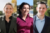 A composite image of a two women and a man outdoors. They are caucasian, wearing smart casual, and political candidates.