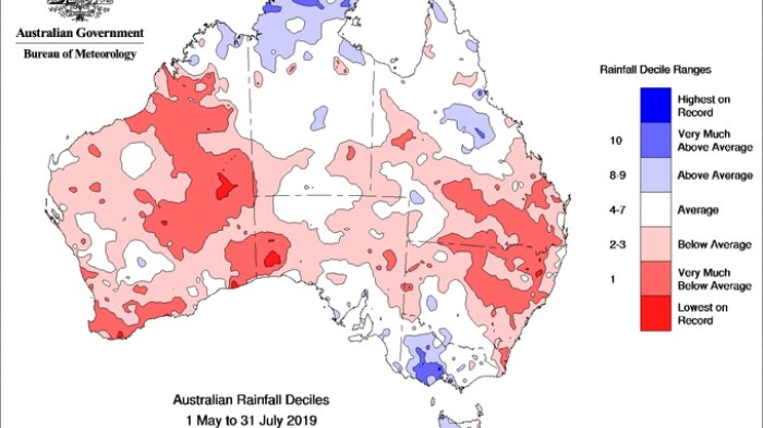 Map of Australia red indicating dry in a big band through the middle of the country.