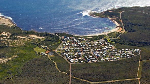Aerial shot of the costal town of Gracetown, in WA's South West, including beaches and surrounding vegetation.
