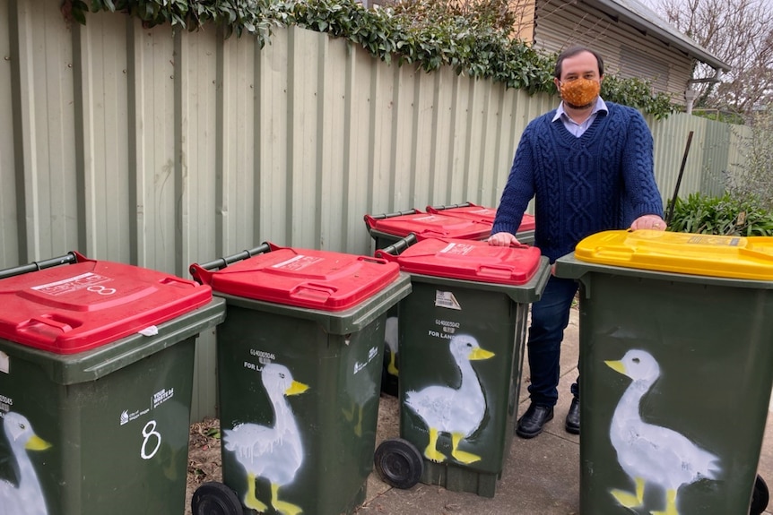 Man in knit navy jumper and orange face mask  standing behind kerbside bins featuring a painting of a goose on each one