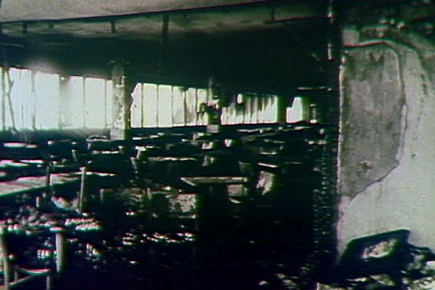 Charred remains of furniture inside Brisbane night club Whiskey Au Go Go following a March 1973 firebombing
