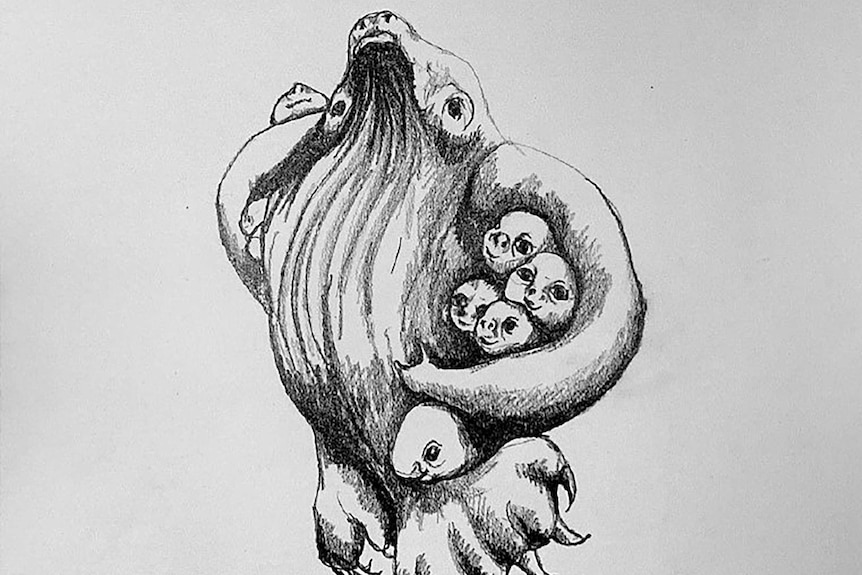An artist's sketch for Skywhalepapa — a male version of the Skywhale hot air balloon —  holding baby Skywhales.